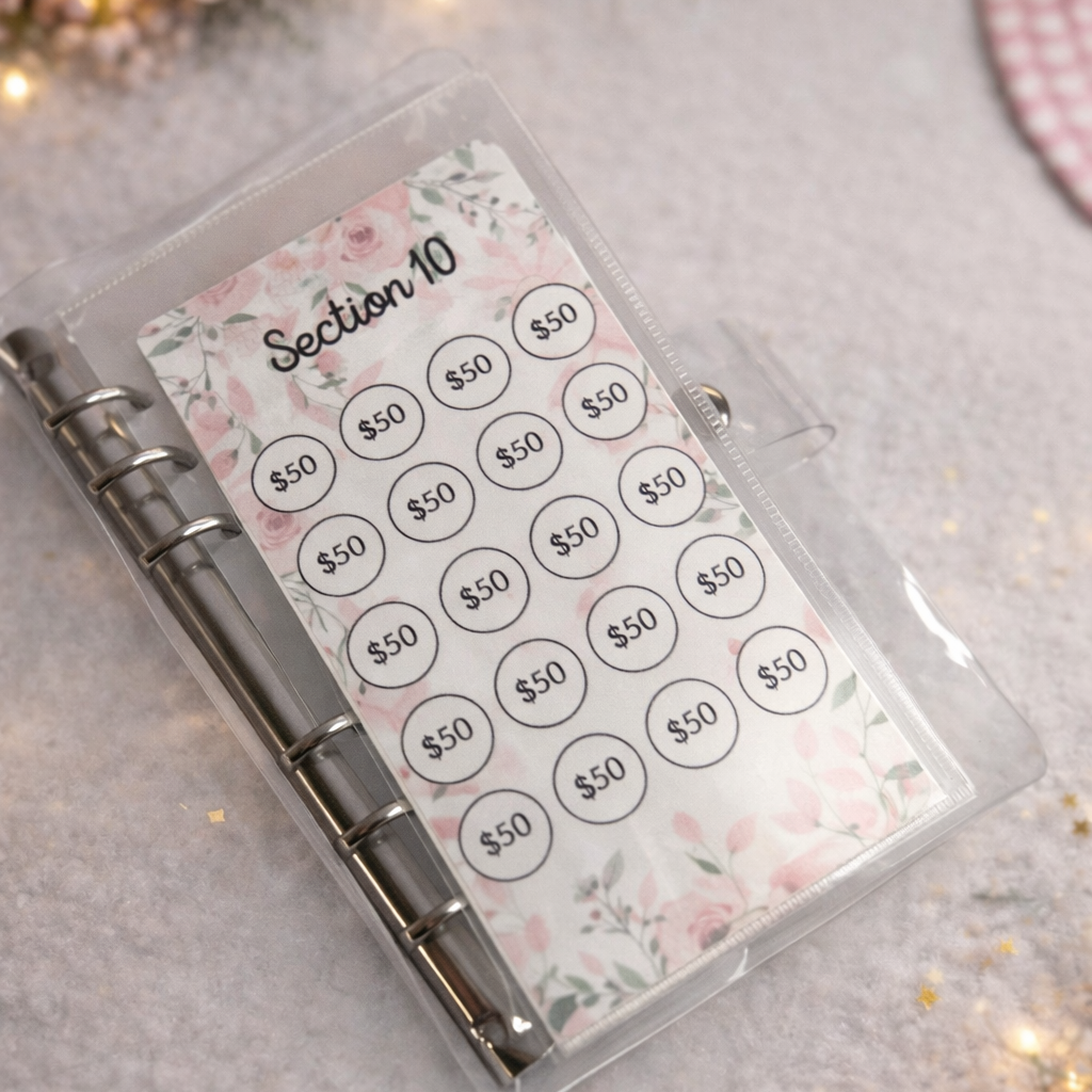 Plastic holder with floral design and dollar amount labels on a light background