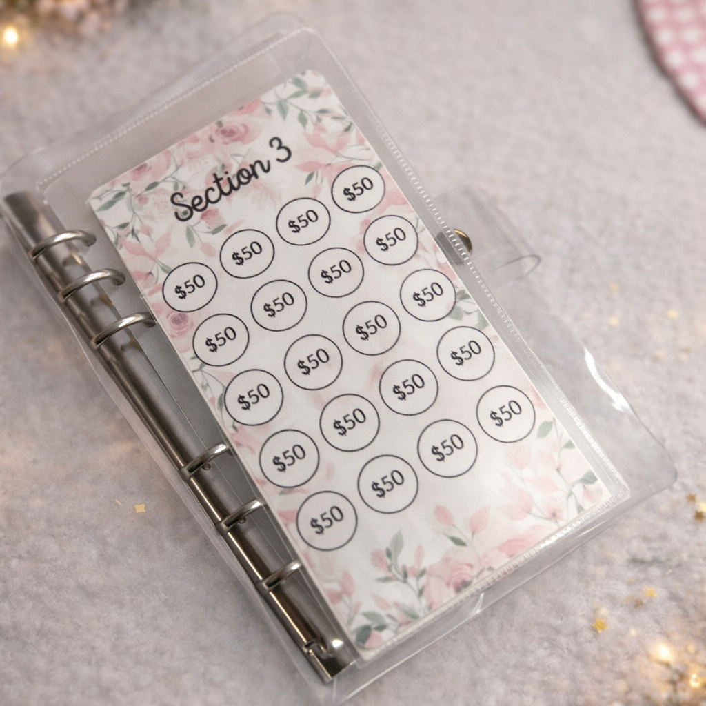 Planner with floral design and dollar amount labels on a decorative surface with lights and flowers.