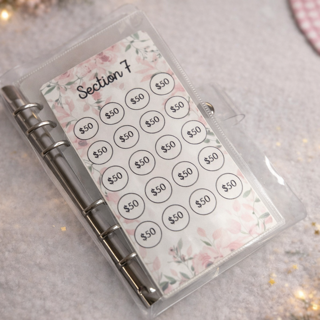 Planner with money stickers on a decorative surface with lights and flowers.