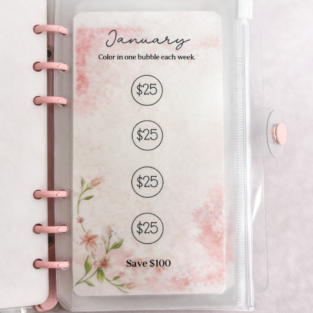 Planner sleeve with floral design and financial goals on a white background