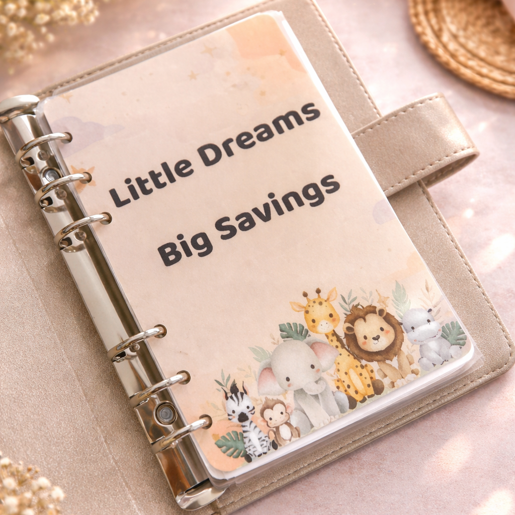 Planner with 'Little Dreams Big Savings' text and animal illustrations on a decorative surface.
