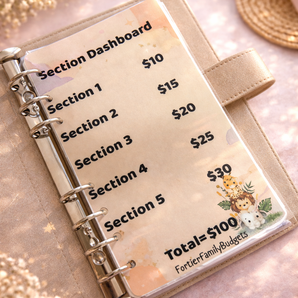 Planner with budgeting sections on a decorative background