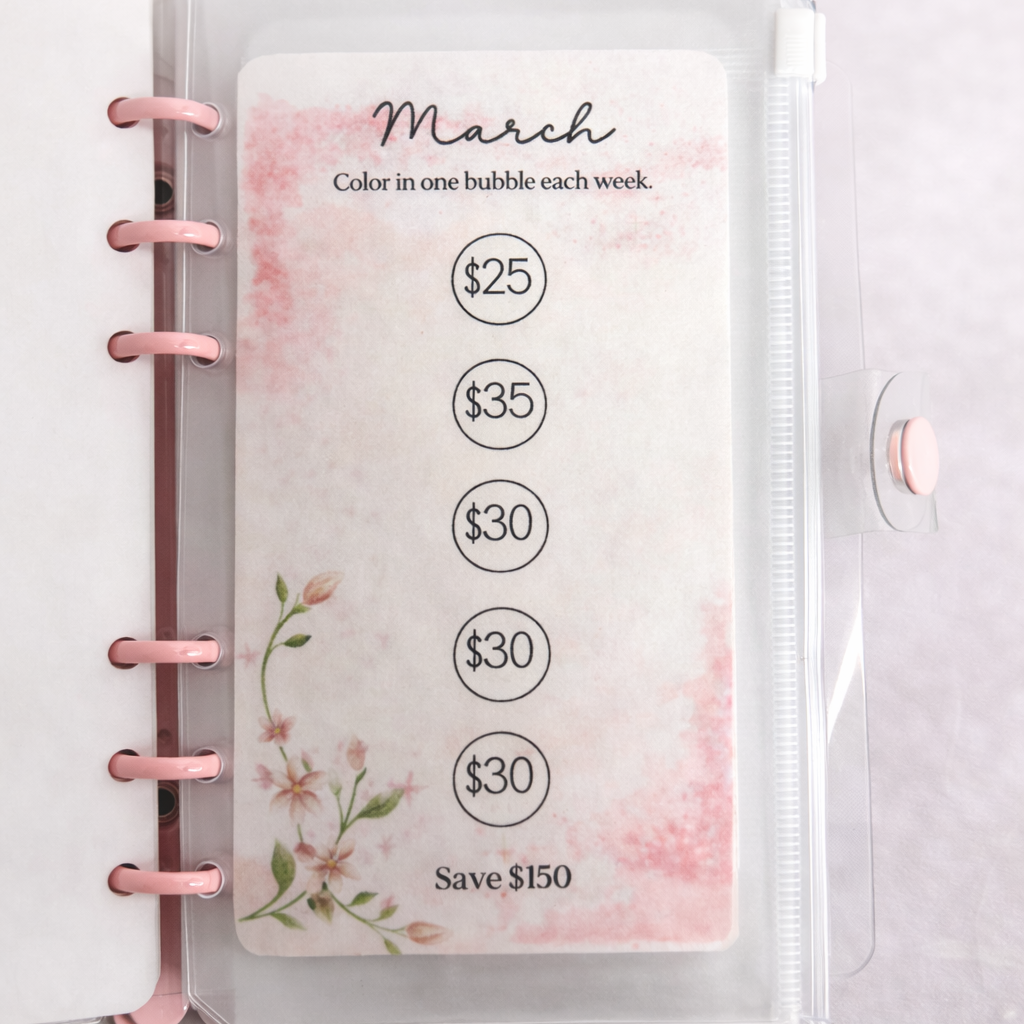 Planner with a pink floral design and financial tracking stickers on a light gray background