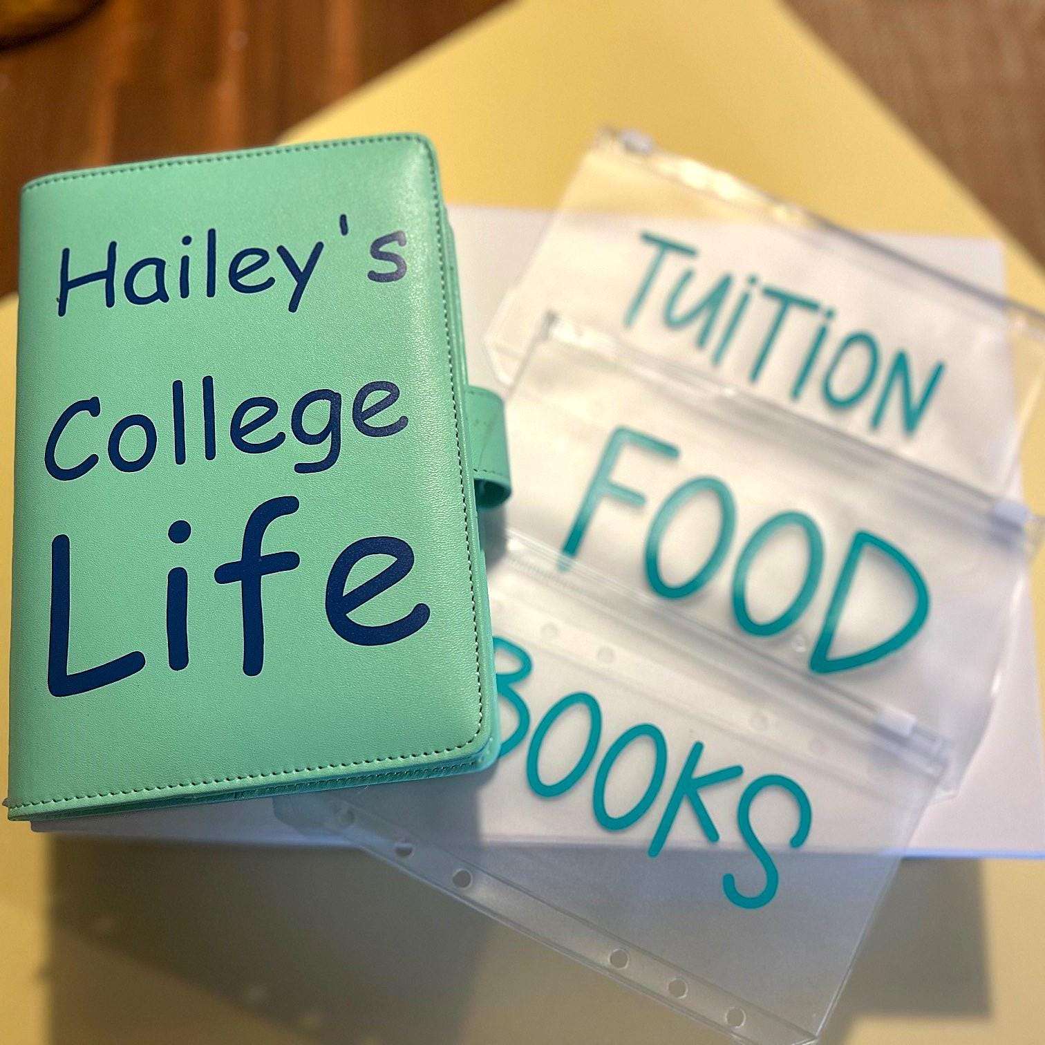 Personalized and custom college budget gift set featuring a tailored budget binder, labeled cash envelopes, savings trackers, and budgeting tools, perfect for students managing expenses and financial goals.