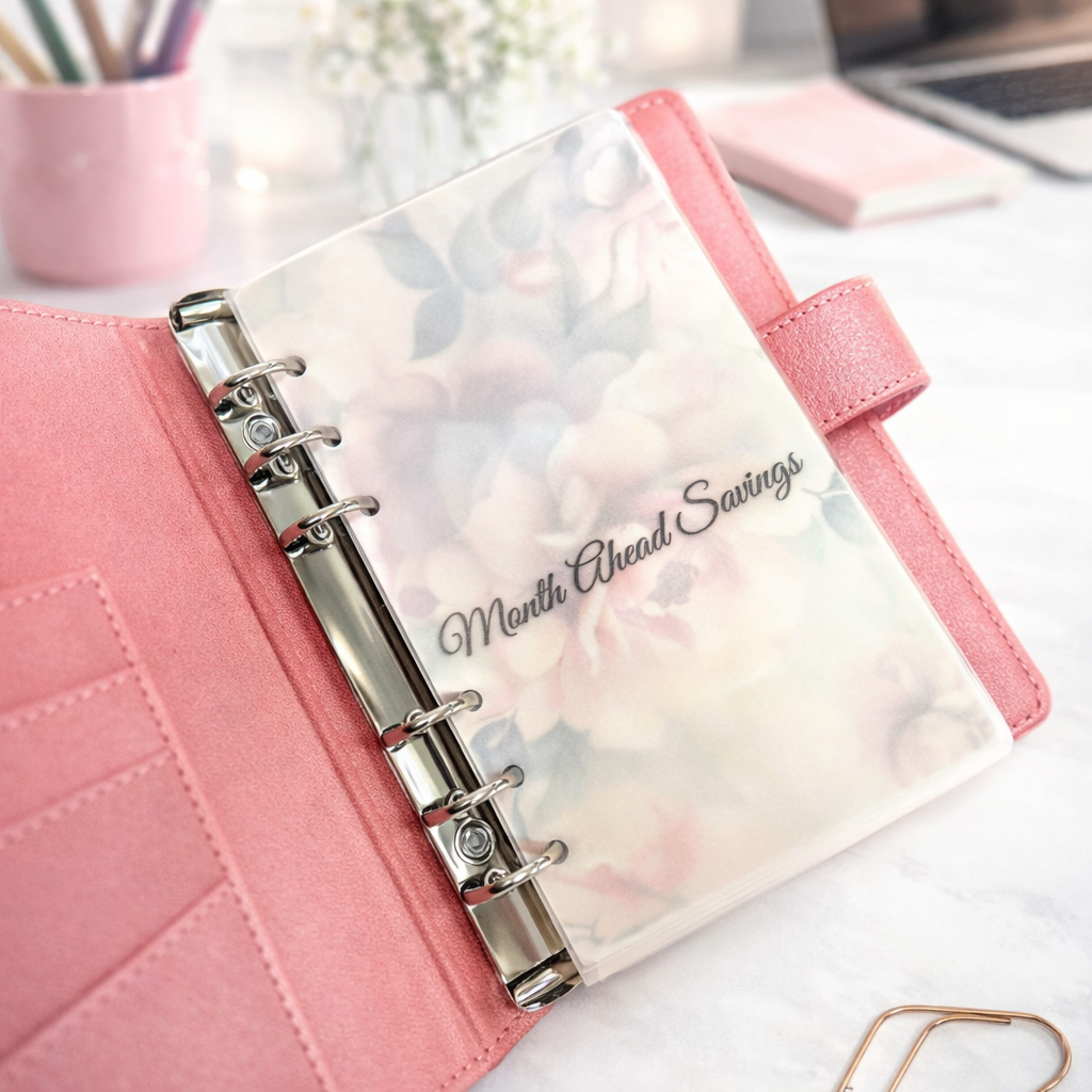 Pink planner with floral design and 'Month Ahead Savings' text on a desk.