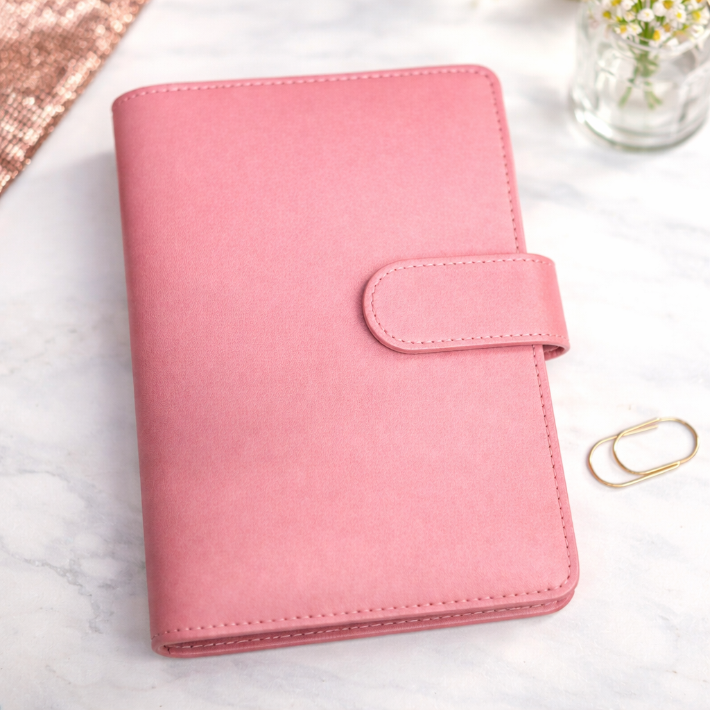 Pink planner on a marble surface with a small plant and gold ring.