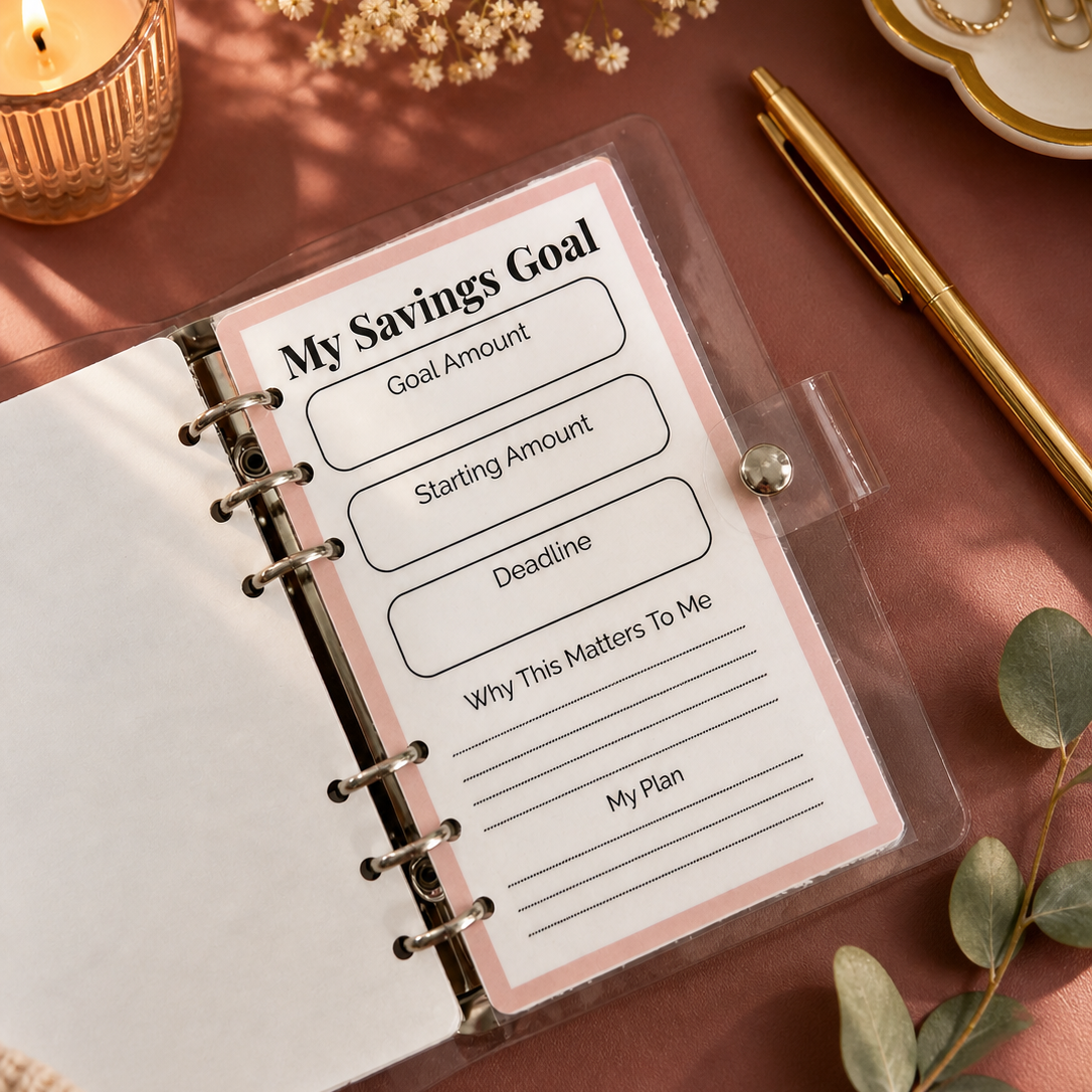 Savings goal planner on a table with decorative elements