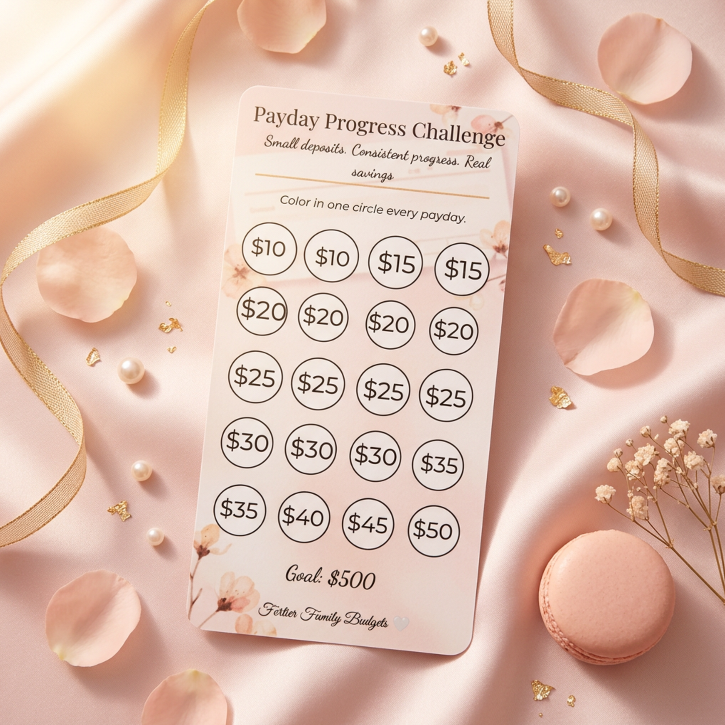 Payday progress challenge tracker on a pink background with ribbons and flowers