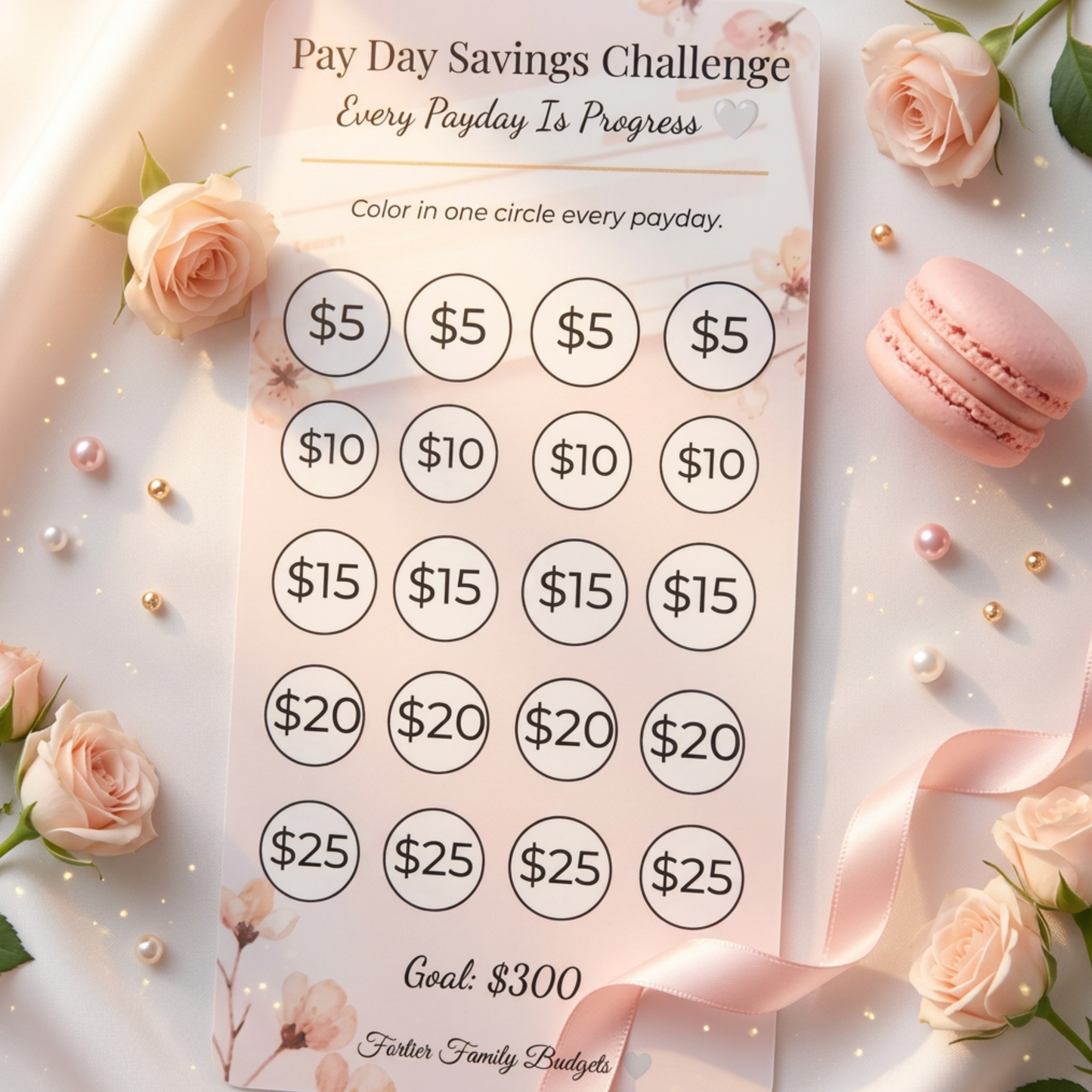Pay Day Savings Challenge tracker with flowers and macarons on a light background