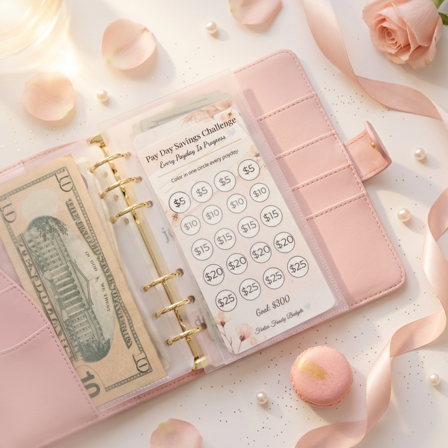 Pink planner with money and decorative elements on a light background