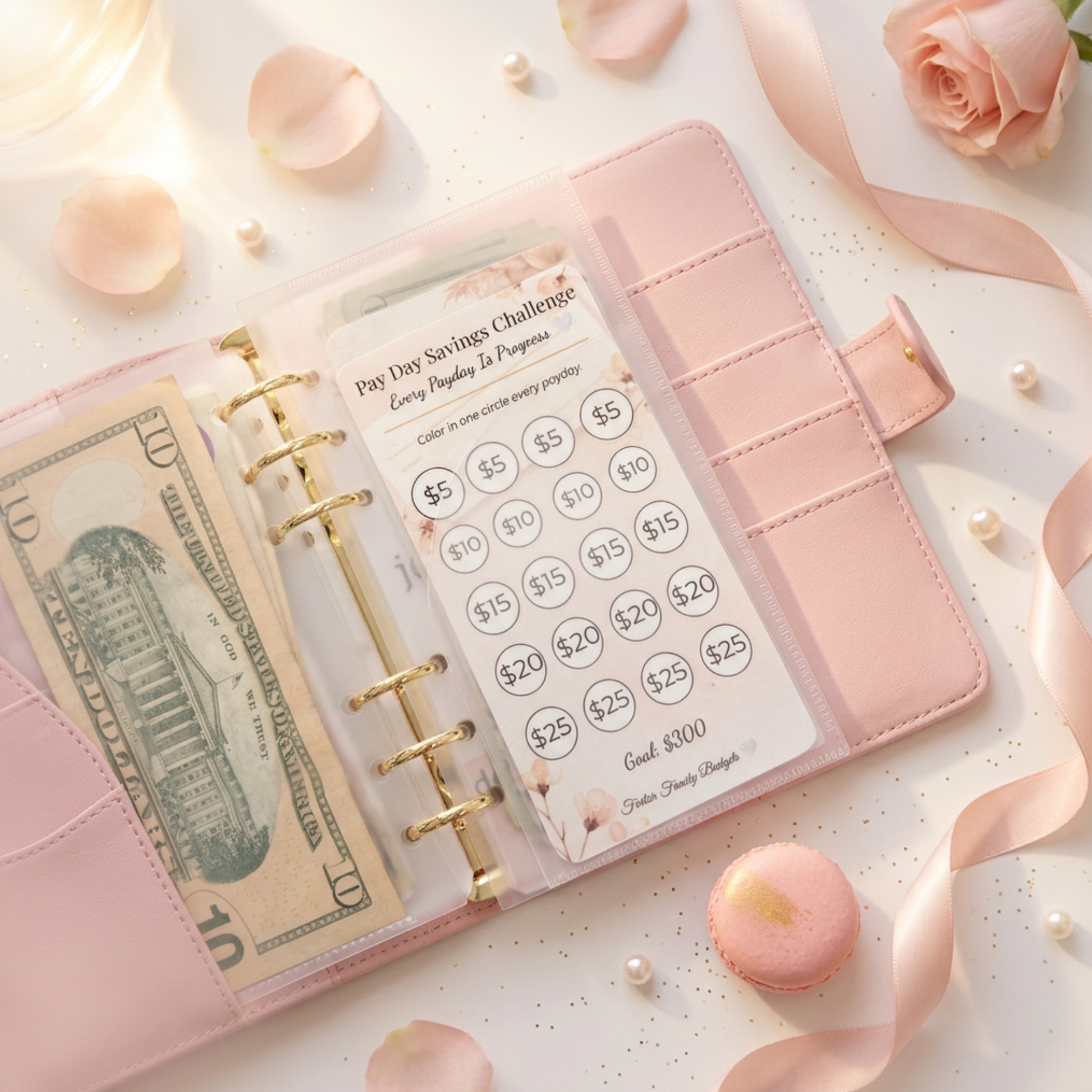 Pink planner with money and decorative elements on a light background