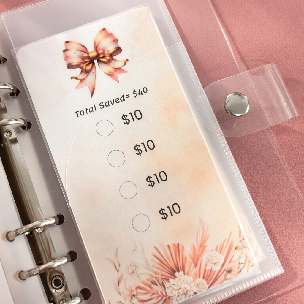 Planner with a floral design and money tracking stickers on a pink background