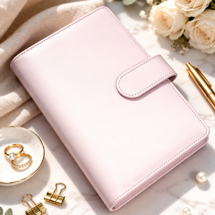 Pink planner with gold pen, rings, and flowers on a soft surface