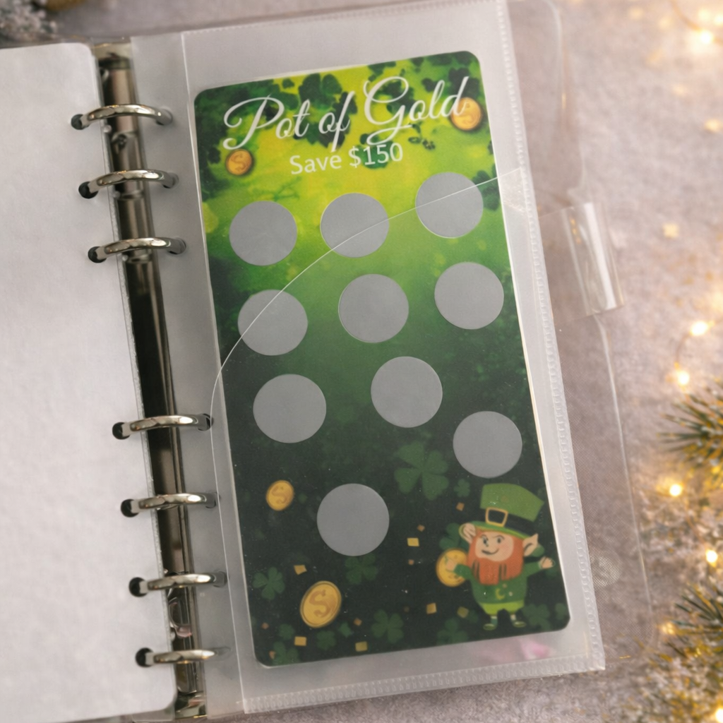 Sticker sheet titled 'Pot of Gold' in a planner with festive background