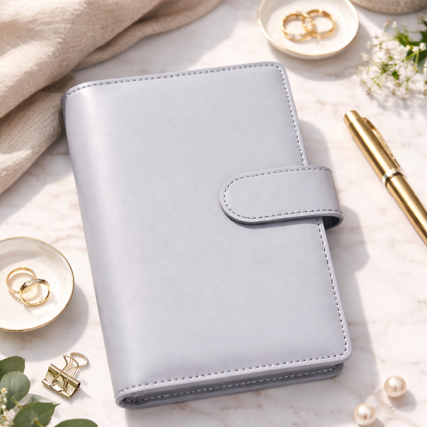 Light blue planner on a marble surface with decorative items