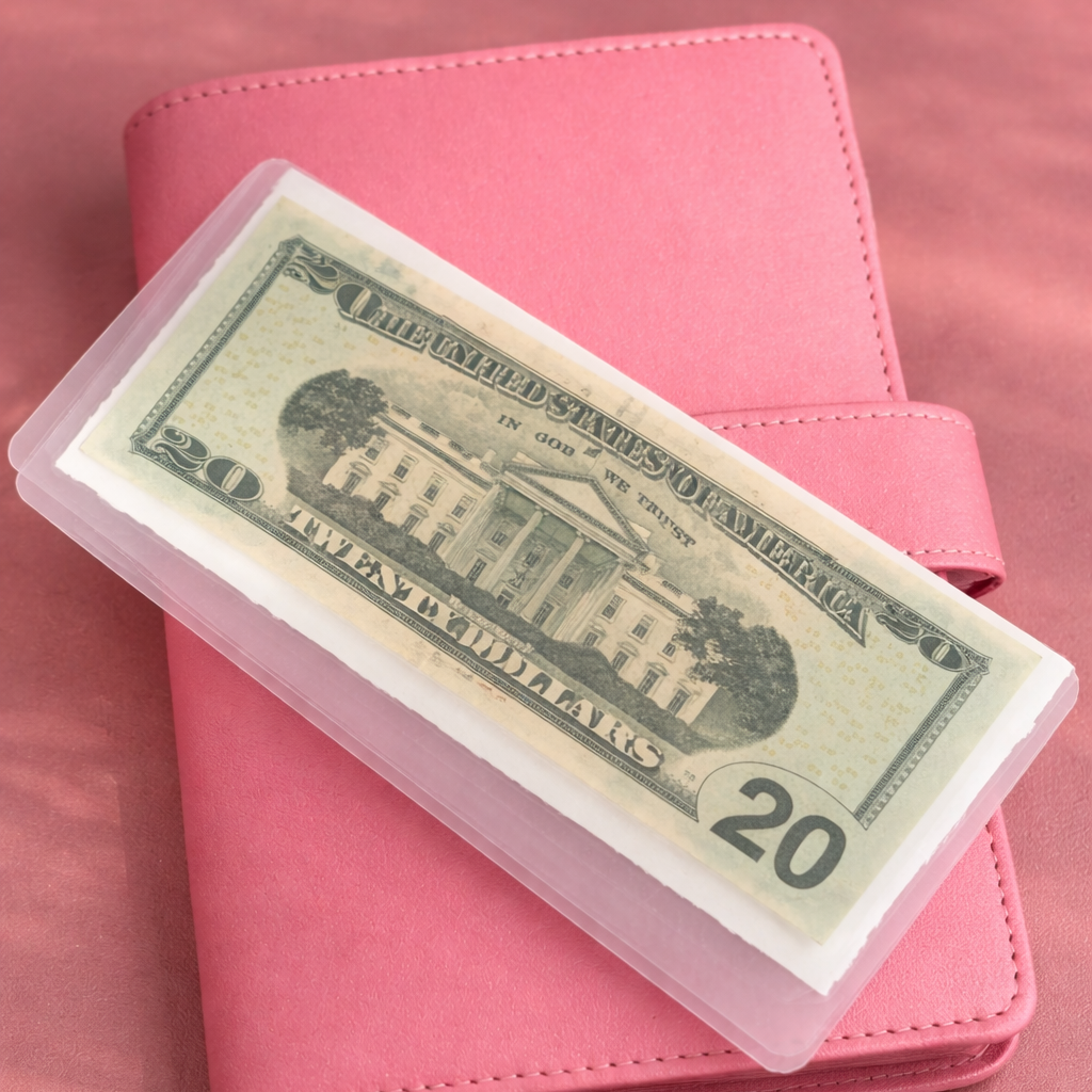 Pink wallet with a $20 bill on a pink background