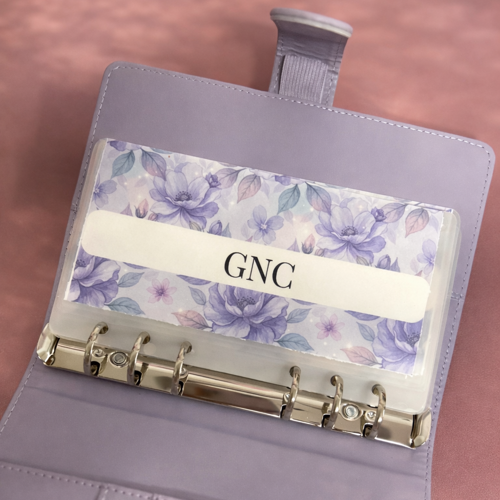 Purple organizer with floral card holder featuring 'GNC' on a pink background