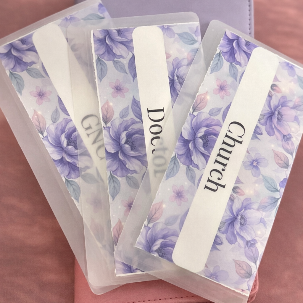Set of floral card holders with names on a pink surface