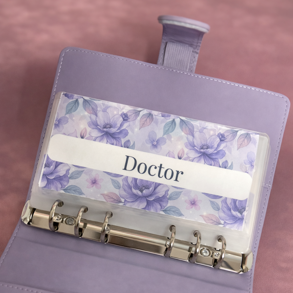 Purple card holder with floral design and 'Doctor' label on a pink background