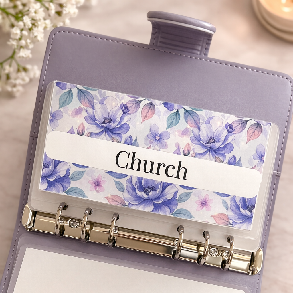 Purple planner with floral label and 'Church' text on a light background