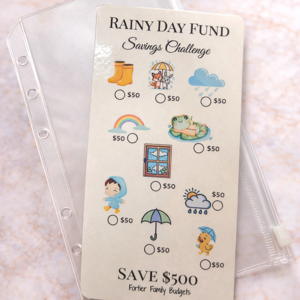 Rainy Day Fund savings challenge card with illustrations on a pink background