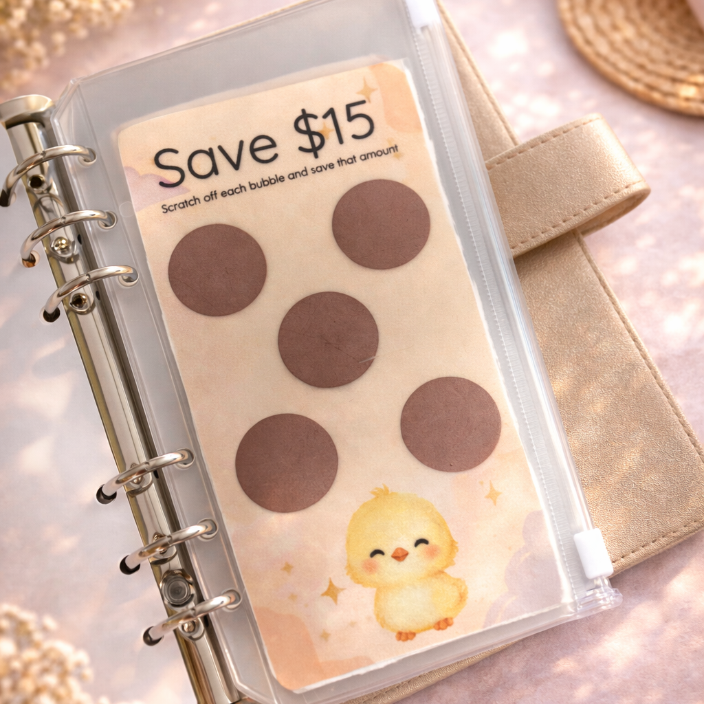 Planner with scratch-off stickers featuring a chick illustration on a decorative background