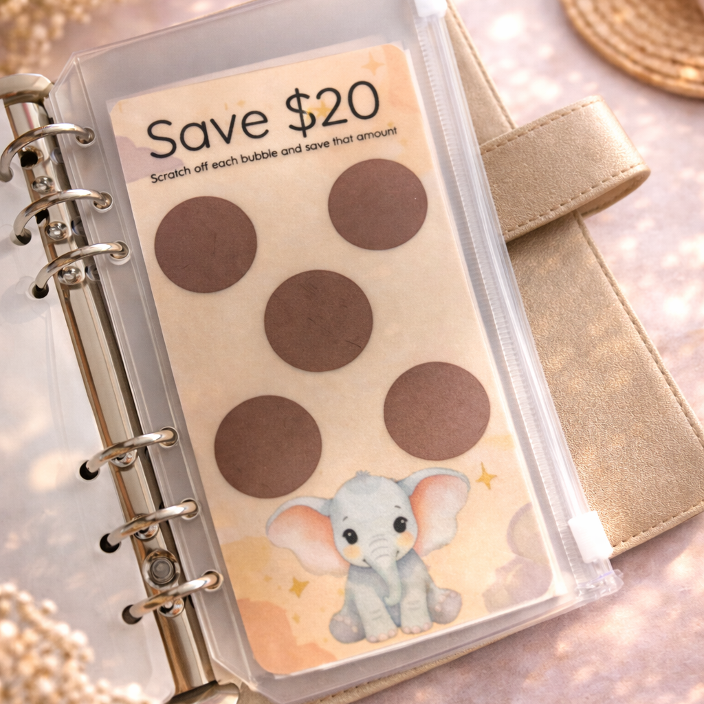 Planner with a decorative sticker sheet featuring an elephant and text 'Save $20'.
