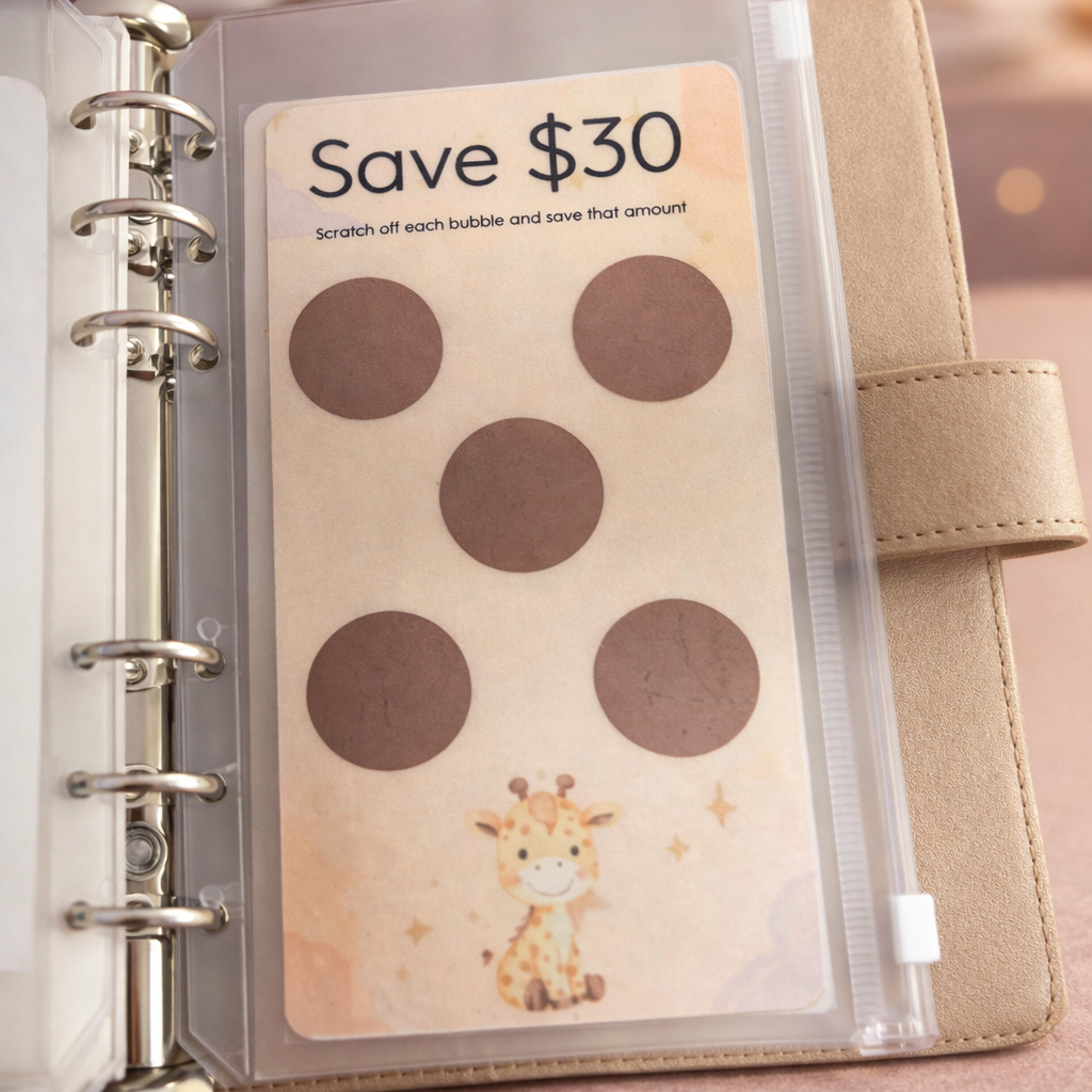 Planner with a savings tracker card labeled 'Save $30' on a soft background