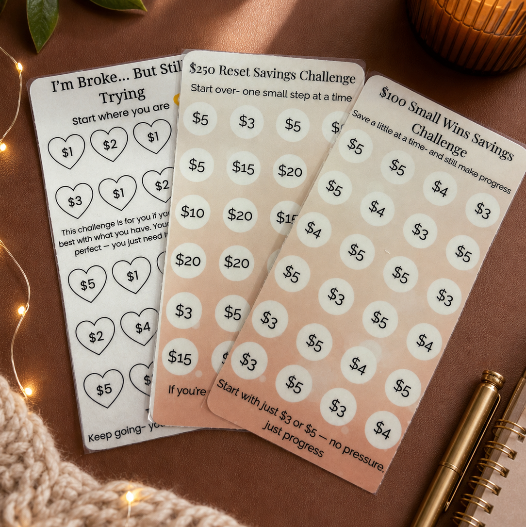 Three savings challenge cards on a brown surface with decorative elements.
