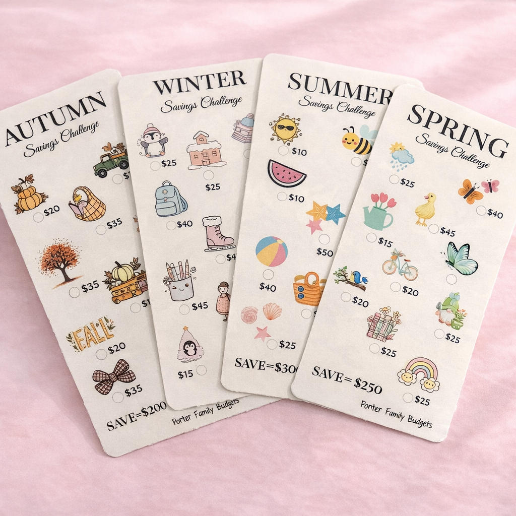 Four seasonal saving challenge cards on a pink background