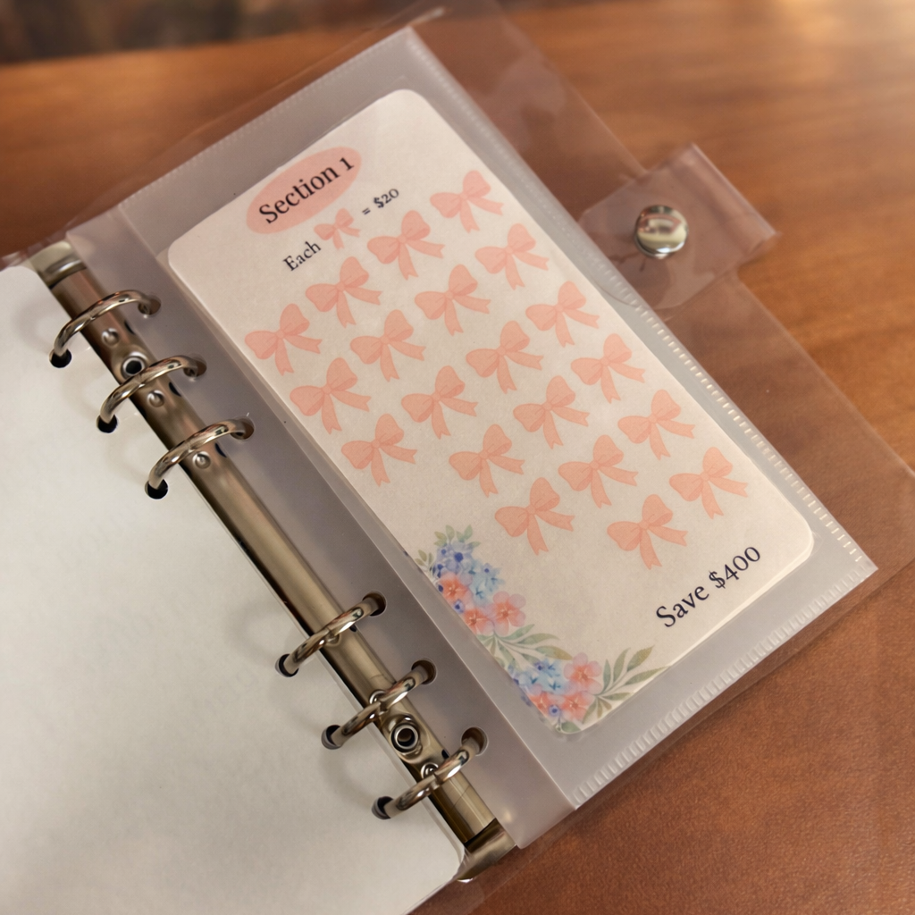 Planner with decorative stickers on a wooden surface