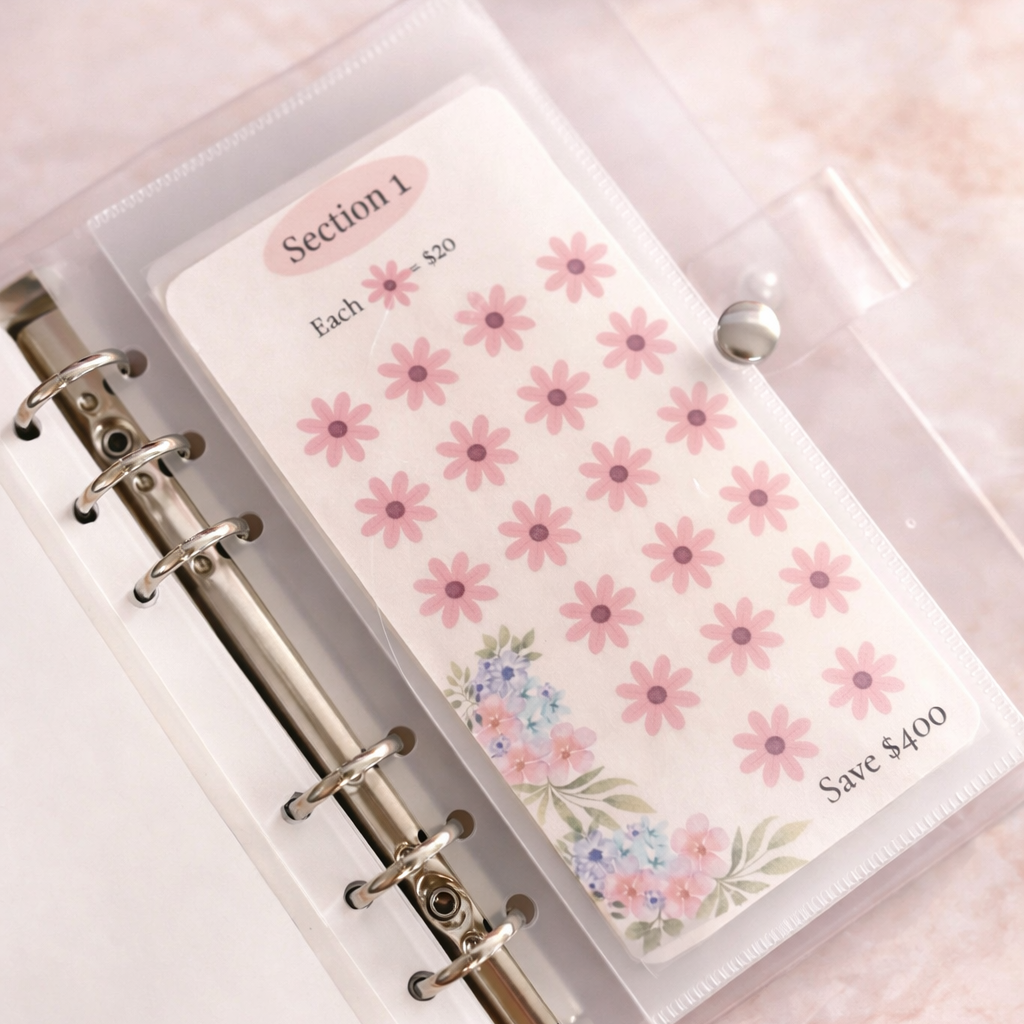 Floral planner stickers in a clear plastic case on a pink background