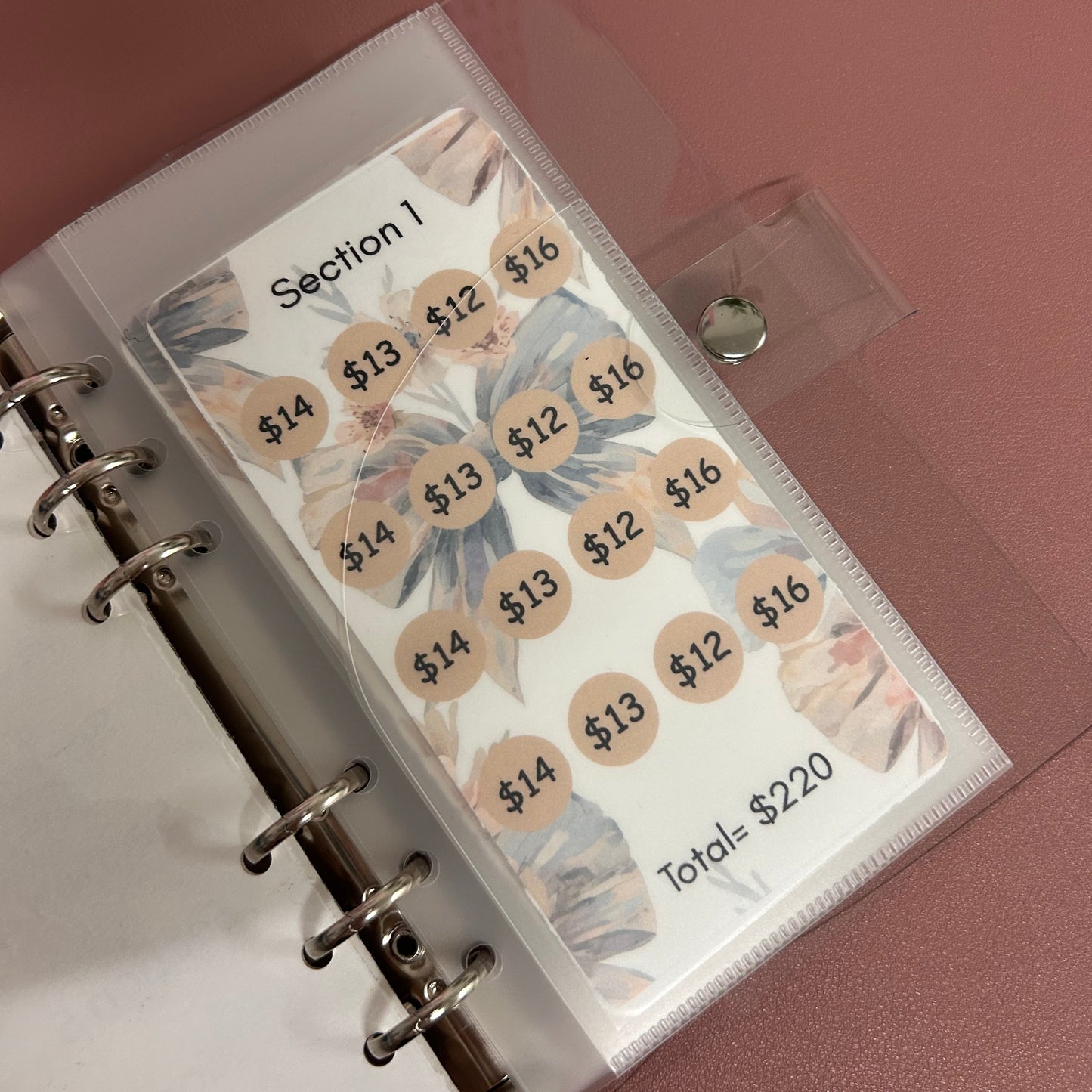 Planner with floral-themed stickers on a pink background