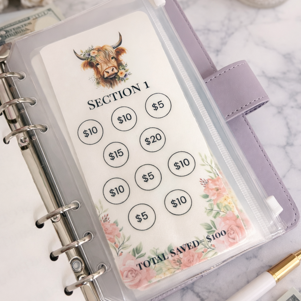 Planner with money tracking stickers on a marble surface with flowers and a candle.