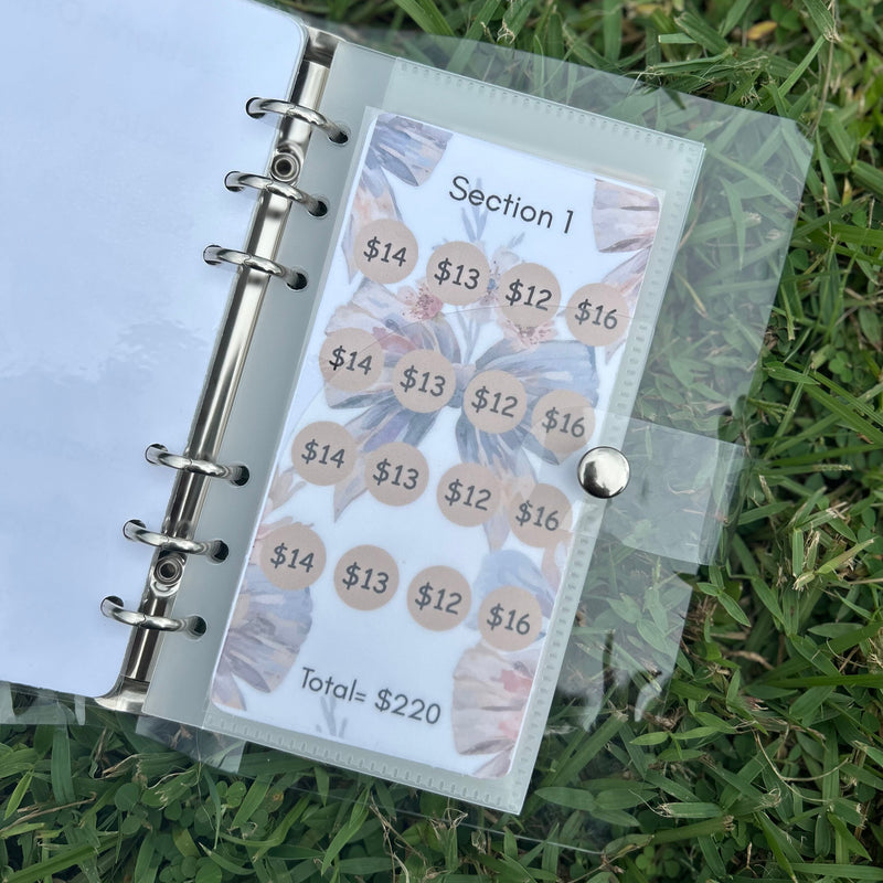 Planner with money management stickers on a grass background
