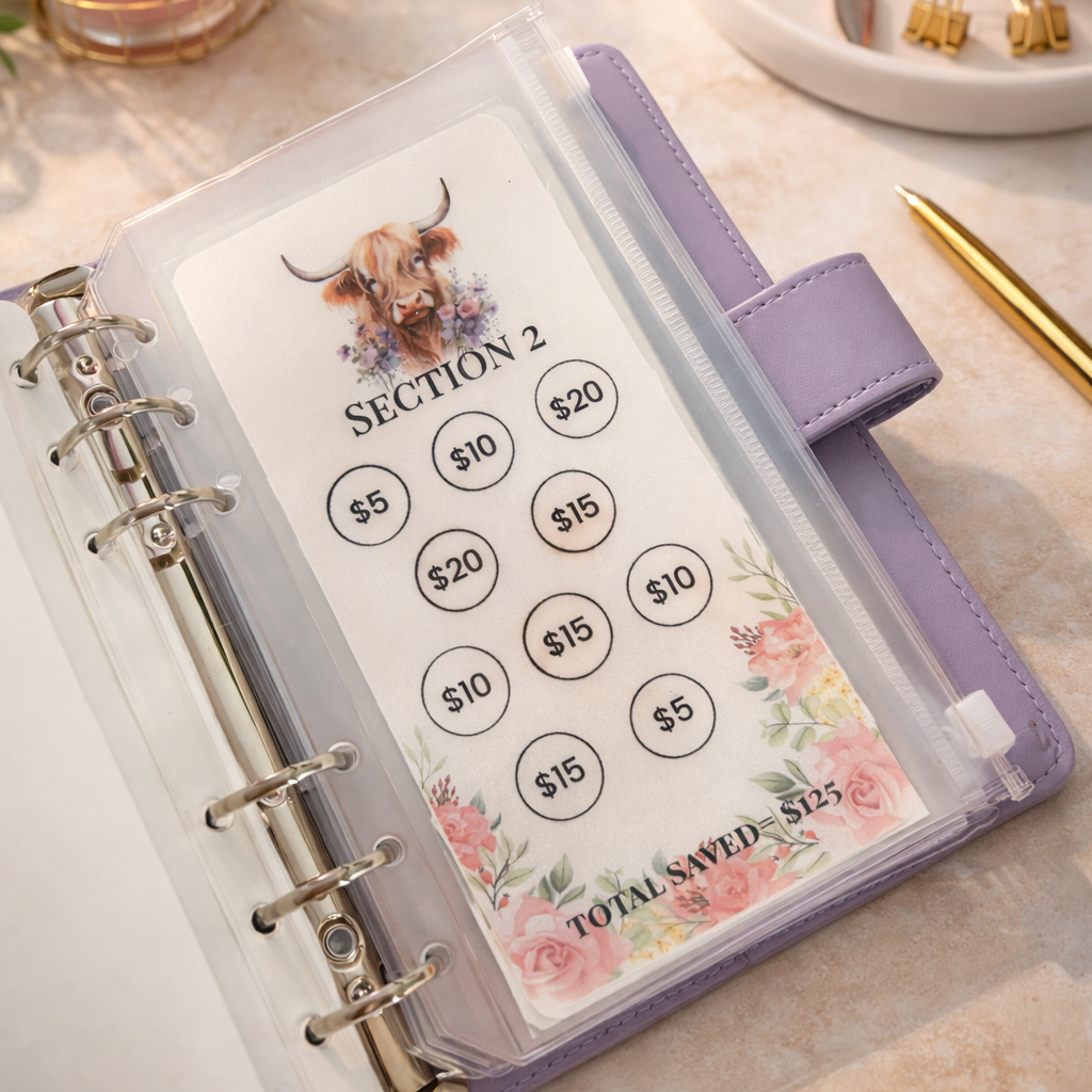 Purple planner with money tracking section on a light surface with a candle and flowers.