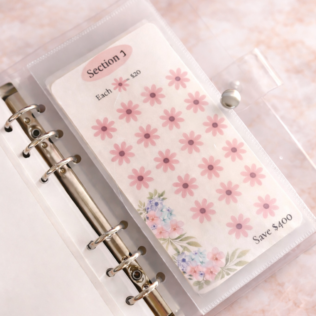 Floral planner stickers in a clear plastic case on a pink background