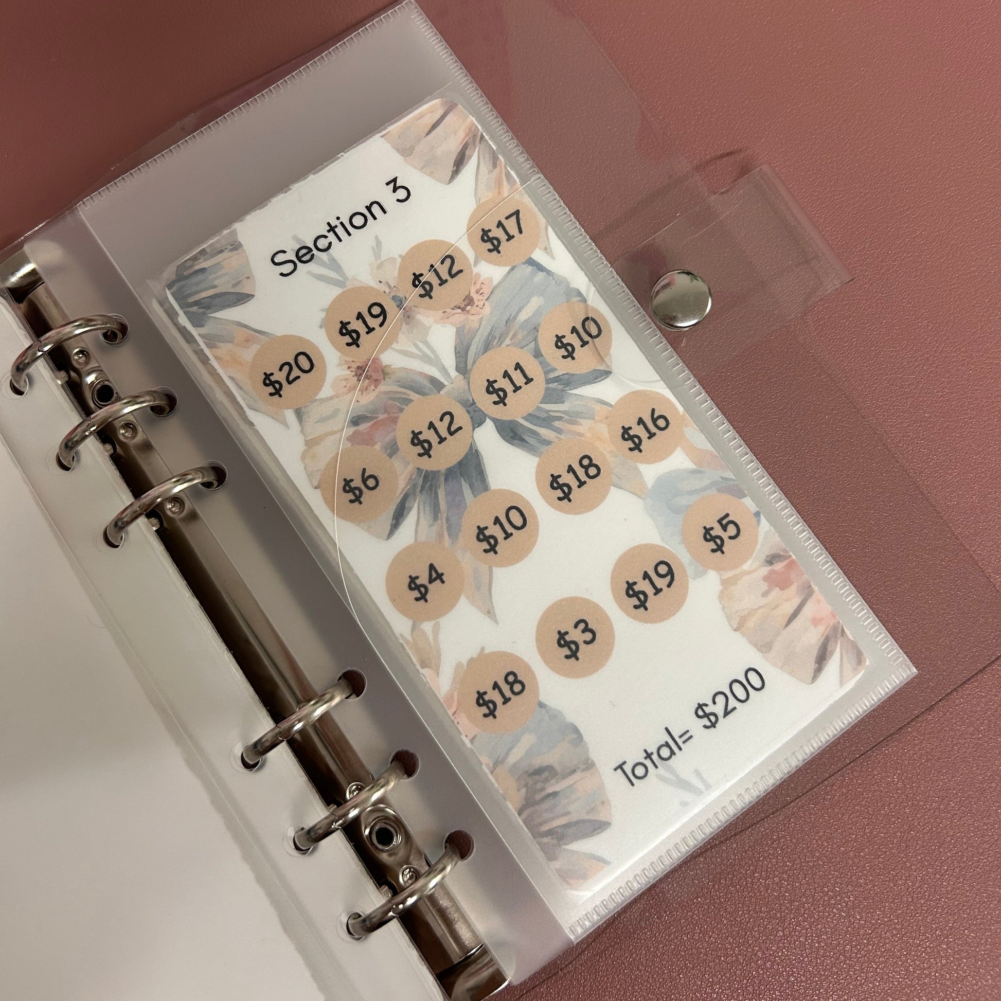 Planner with labeled stickers on a pink background