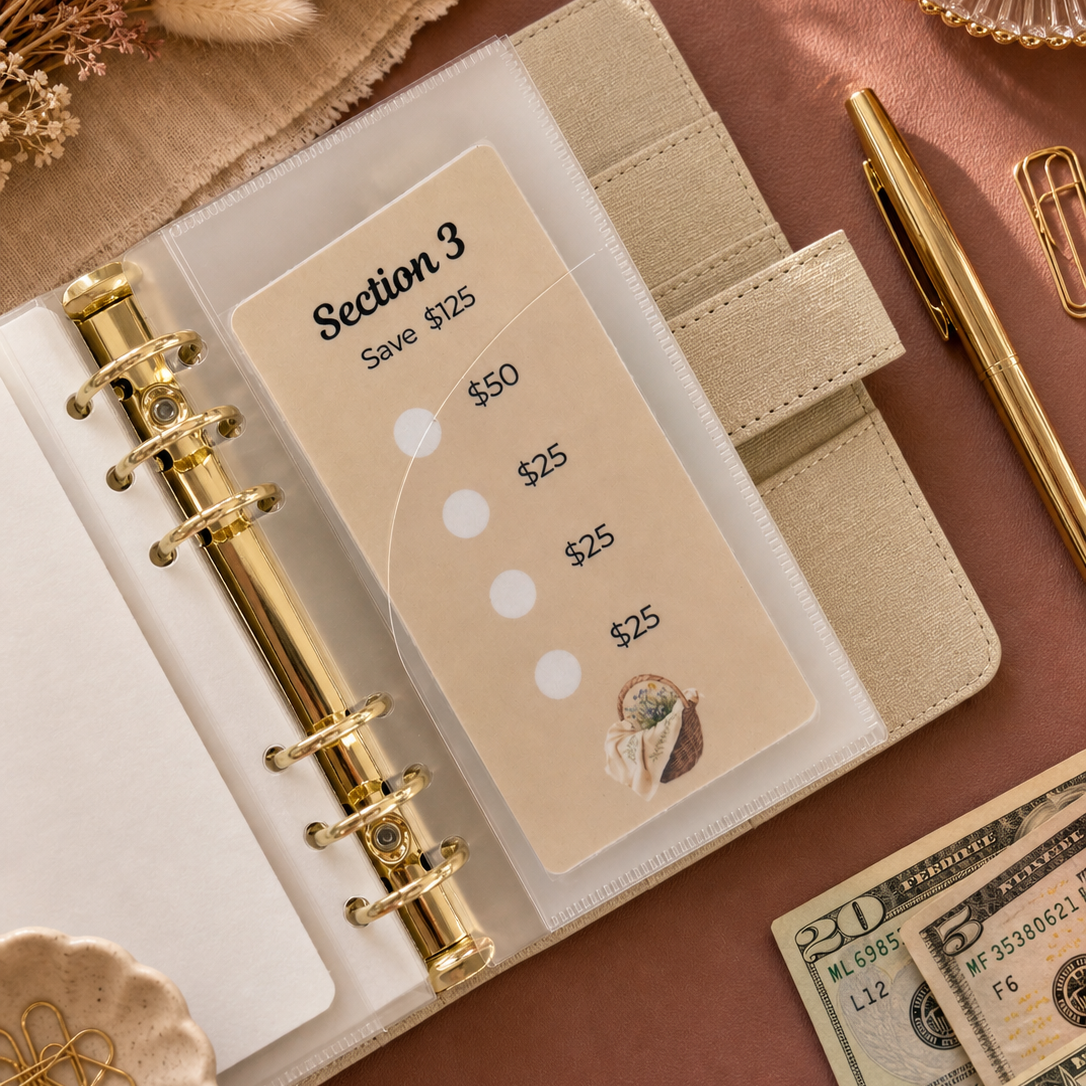 Beige planner with money tracking page on a brown surface with gold pen and decorative elements.