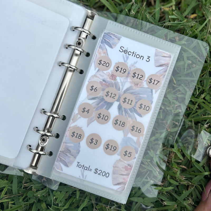 Planner with money management stickers on a grass background