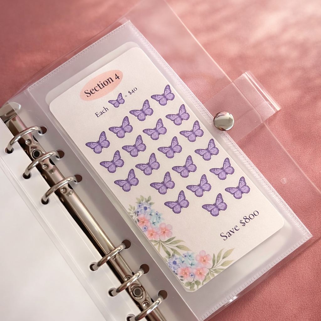 Planner with butterfly and floral stickers on a pink background