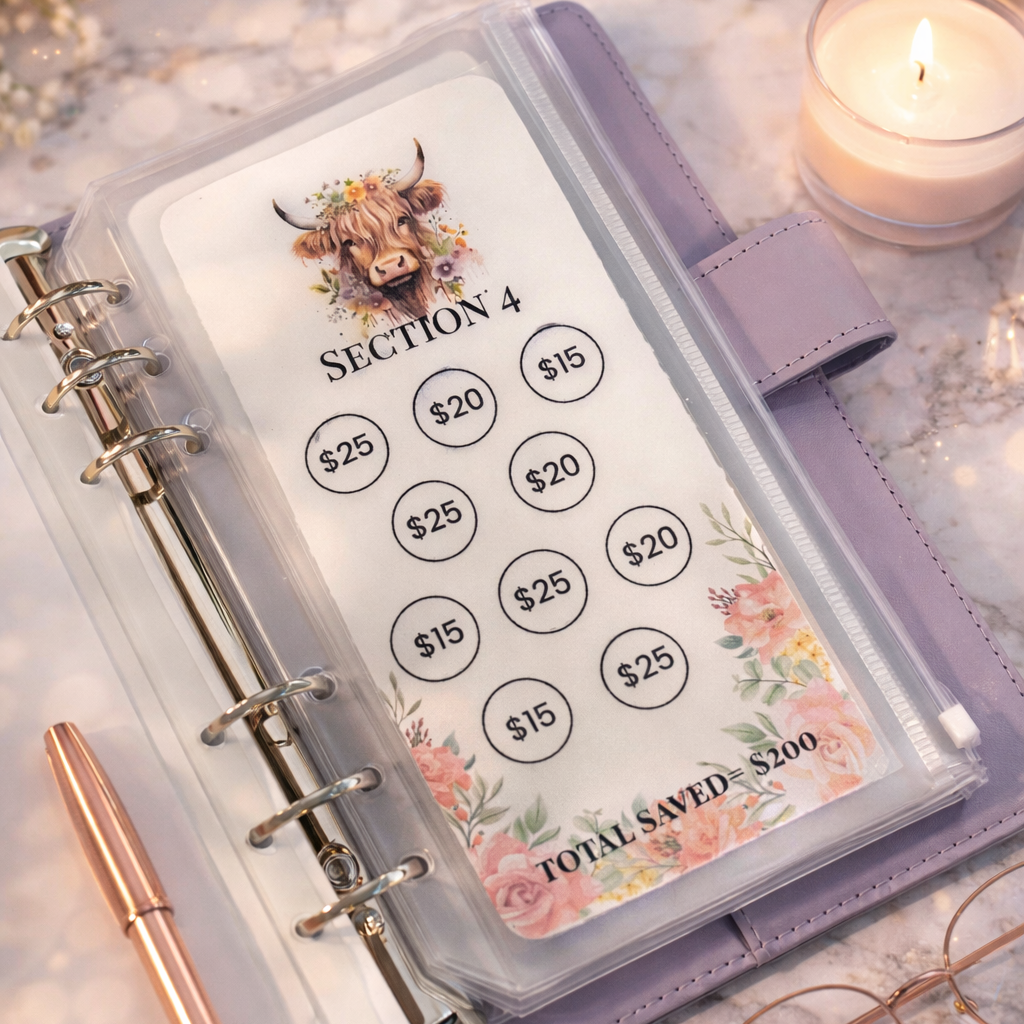 Planner with money-saving tracker on a decorative surface with flowers and a candle.