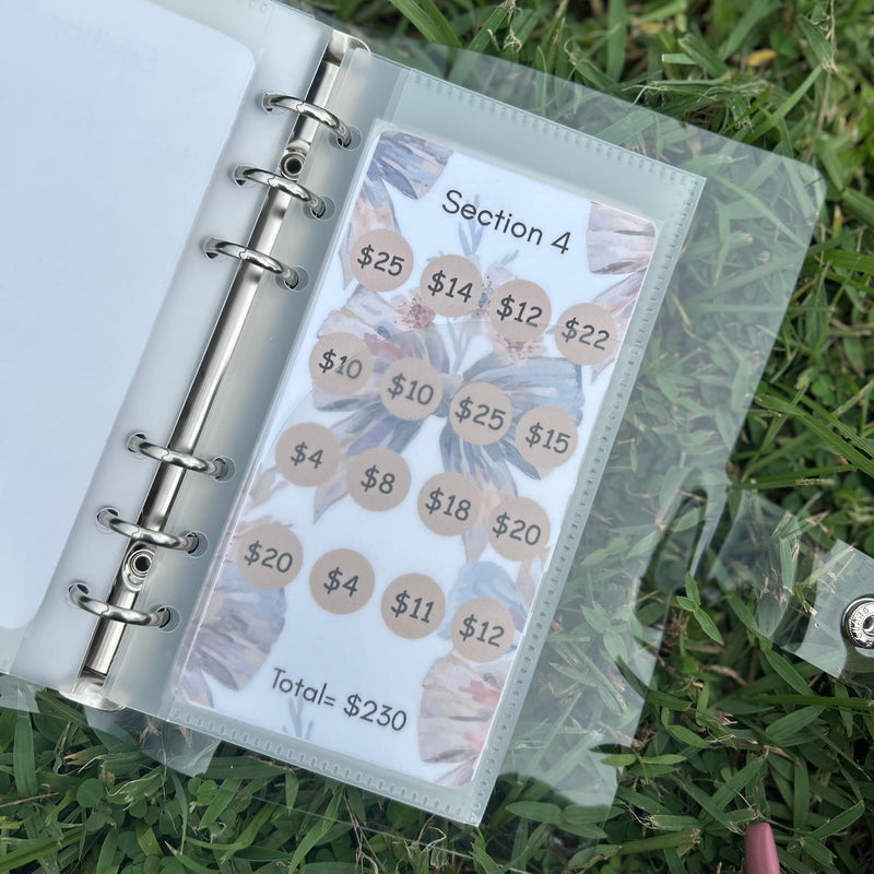 Clear plastic organizer with money management sheets on grass