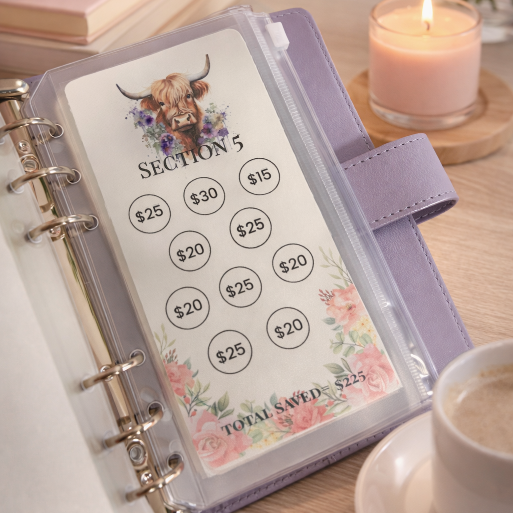 Planner with money management stickers on a table with a candle and flowers