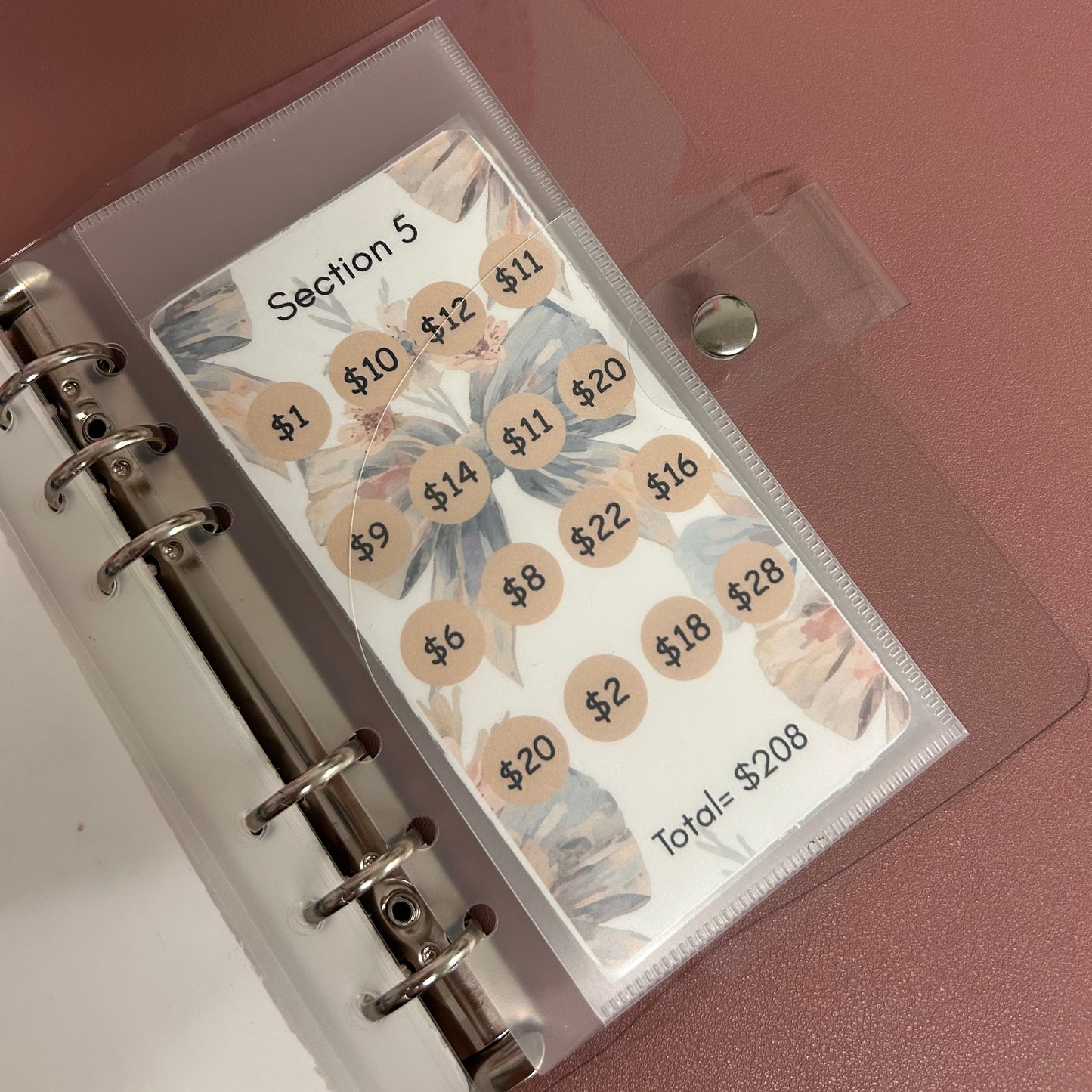 Planner with stickers featuring numbers and floral designs on a pink background