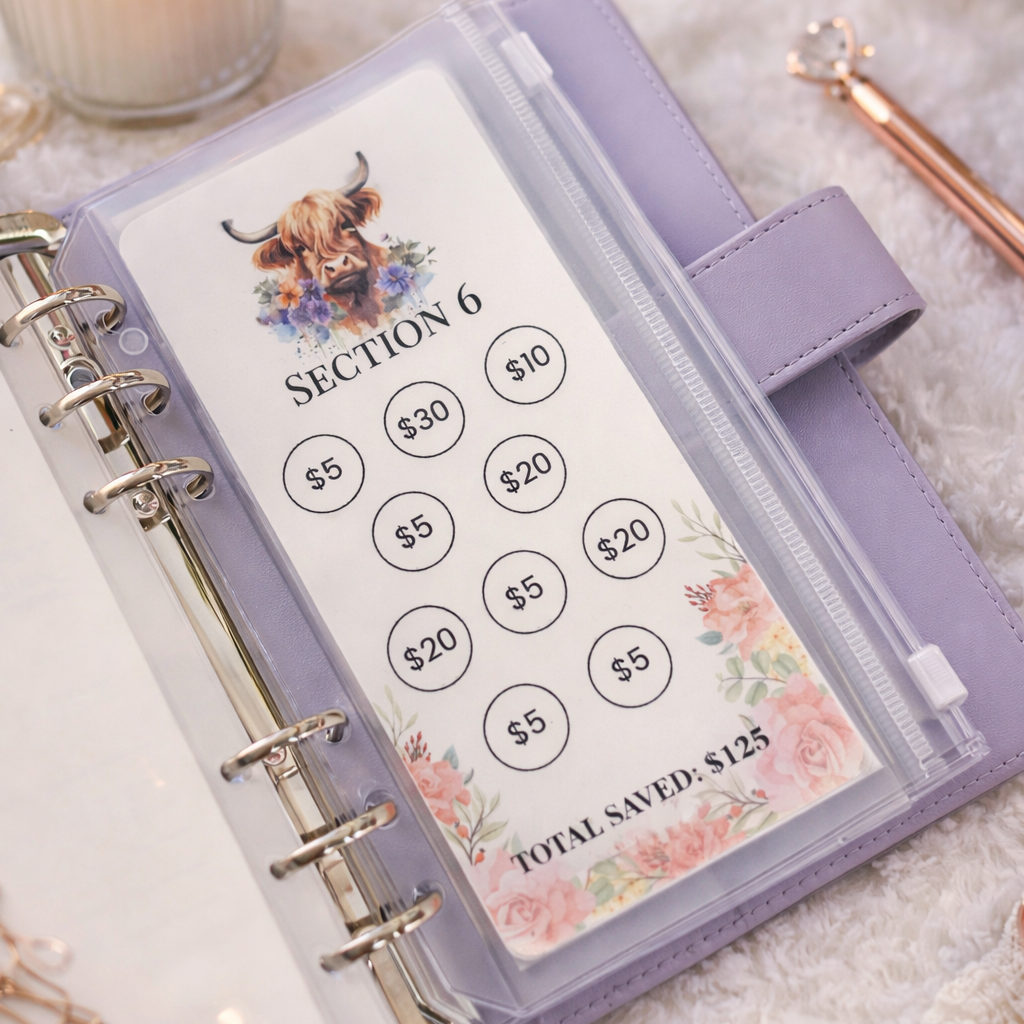 Purple planner with money management stickers on a soft surface with a candle and flowers.