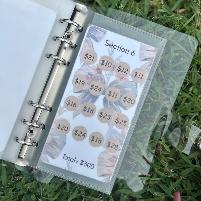 Planner with money management stickers on a grass background