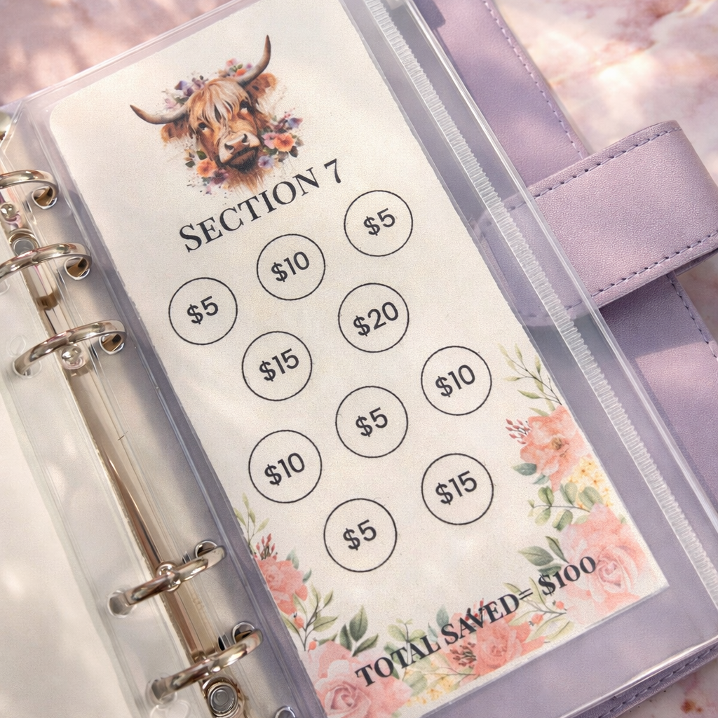 Planner with money-saving stickers on a pink surface with jewelry