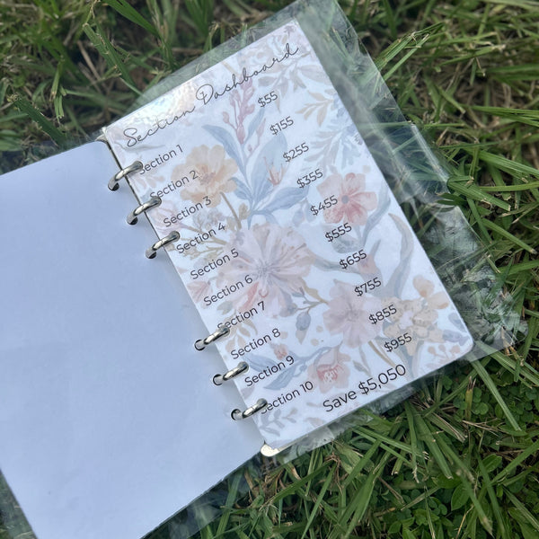 Planner with floral design stickers on a grass background