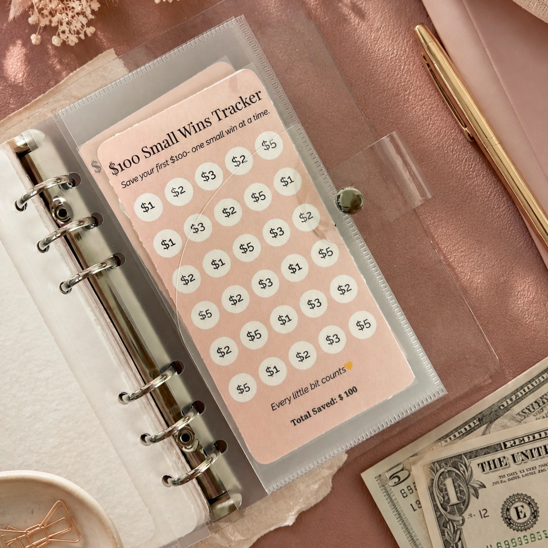 Small wins tracker with money on a pink surface